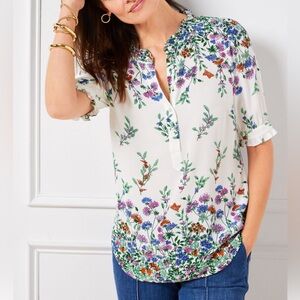 Talbots Ruffle Trim Floral Top Falling Floral Blouse Large
